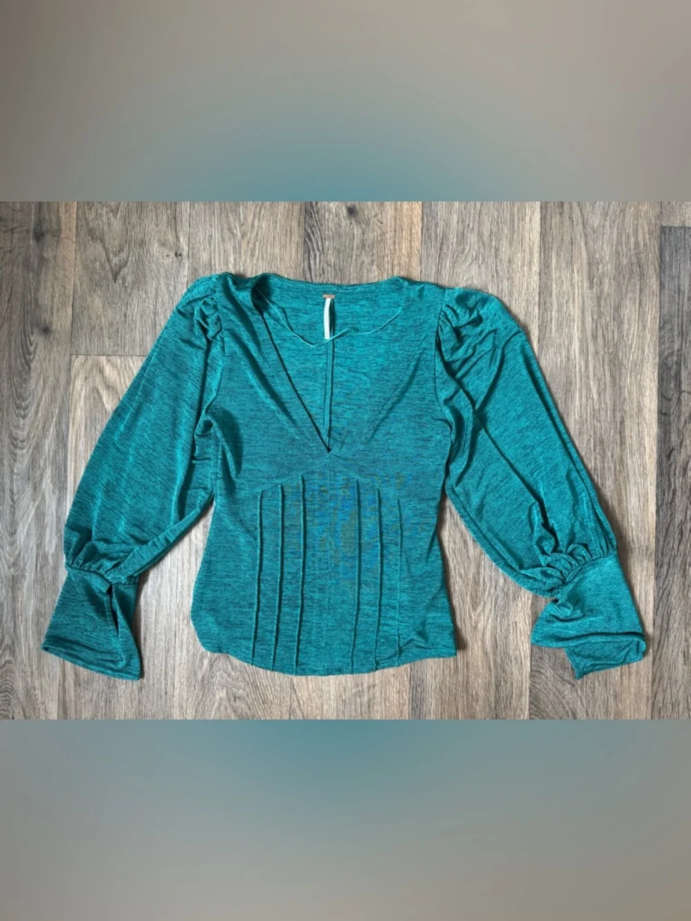 Free People Killer Queen Teal Knit V-Neck Puff Long Sleeve Stretch Blouse S